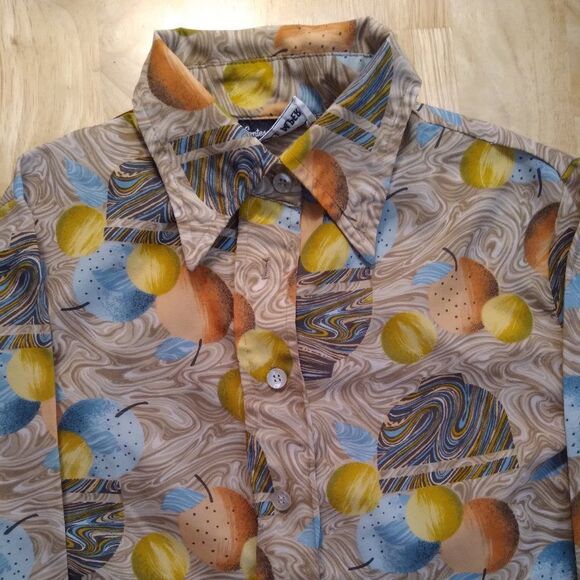 Vintage 70s Contessa Monique Psychedelic Fruit Planets Polyester Disco Shirt - Picture 1 of 6